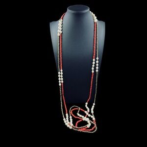 Layered Beaded Necklace‎ Red Pearl Gold Boho Statement Y2K Multistrand Jewelry